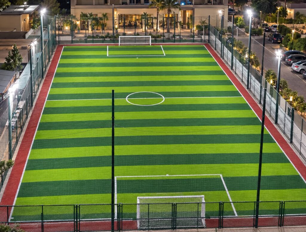 أعمال إنشاء ملاعب كرة قدم قانونية (11 لاعب) بنجيل صناعي عالي الجودة في نادي سماش، تنفيذ شركة تيكنو تريد سبورتس.